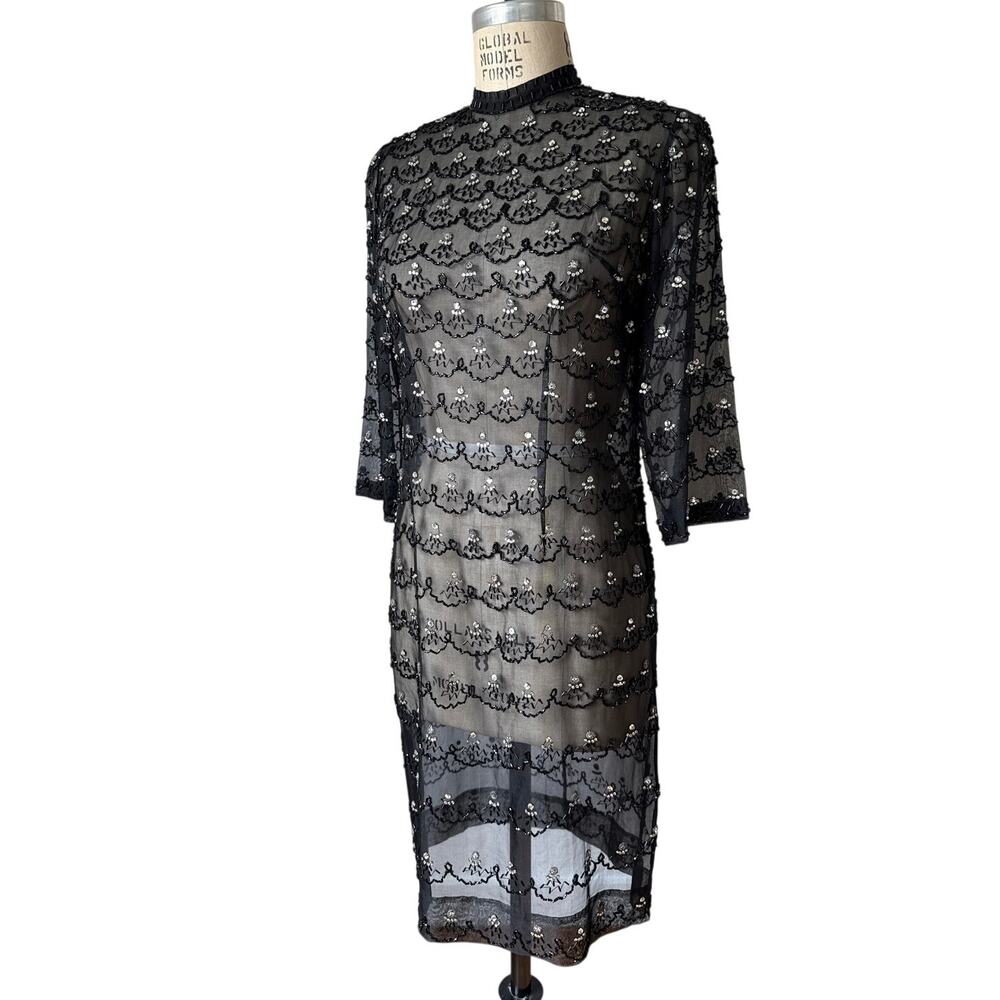 Vintage Sheer Silk Mesh Beaded Sheath Dress Size 10 60s 70s Sparkle